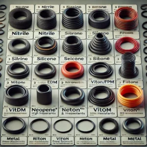 Different rubber O-ring seal materials, including nitrile, silicone, Viton, and EPDM