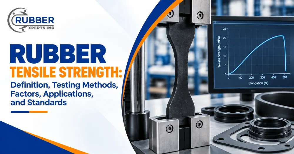 Rubber tensile strength testing with a tensile test machine and rubber specimens