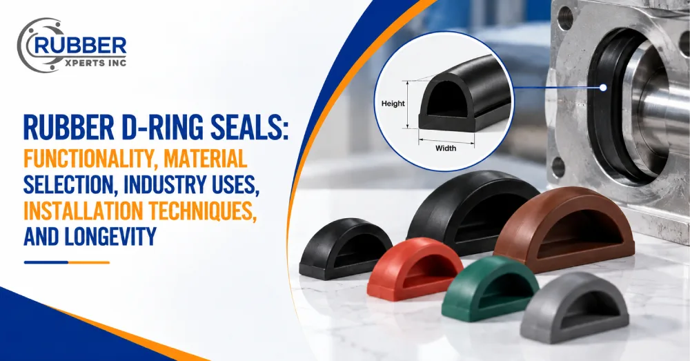 Rubber D-ring seals for industrial sealing applications, showing different materials, installation, and dimensional profiles