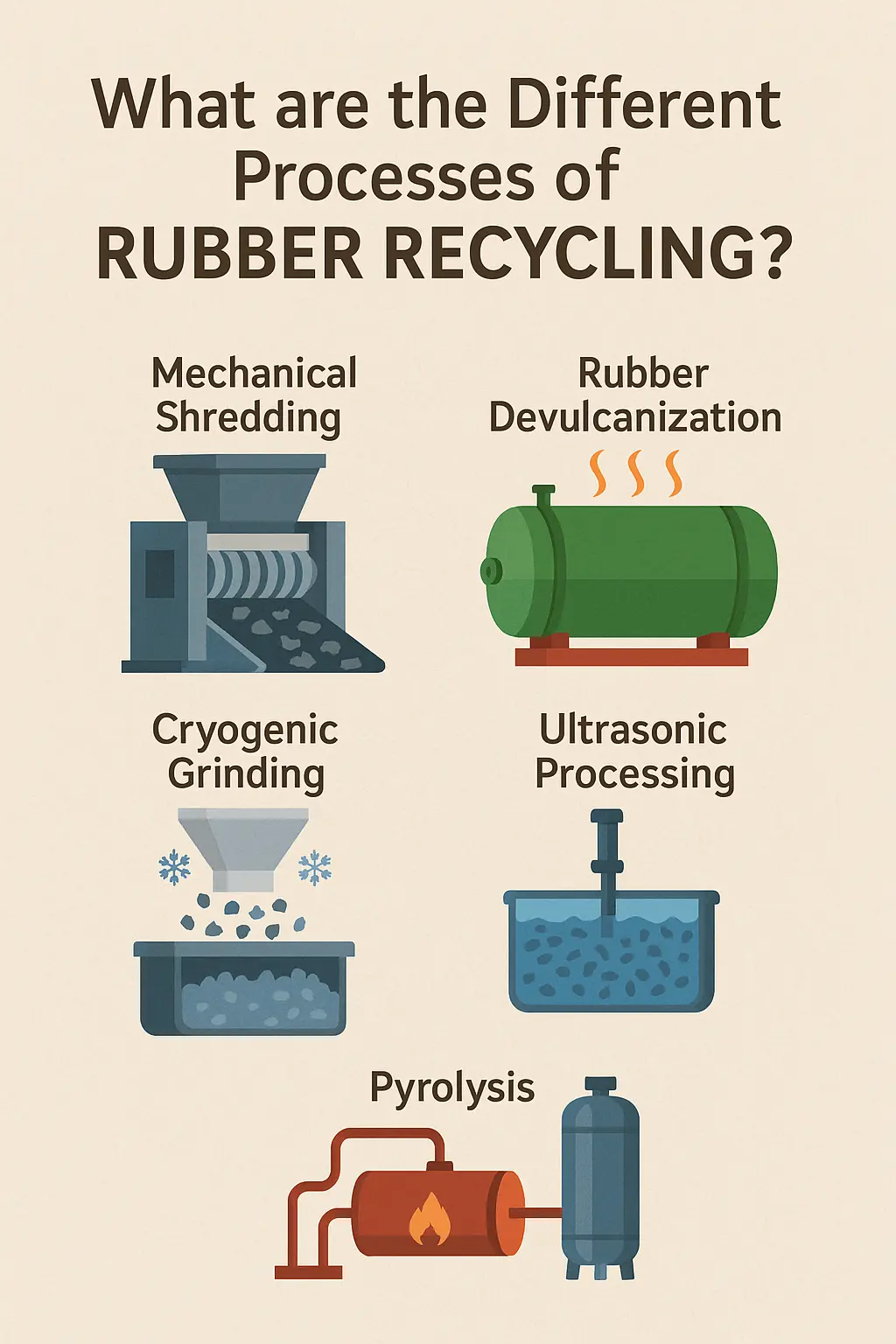 Different rubber recycling processes including devulcanization, pyrolysis, and ambient grinding