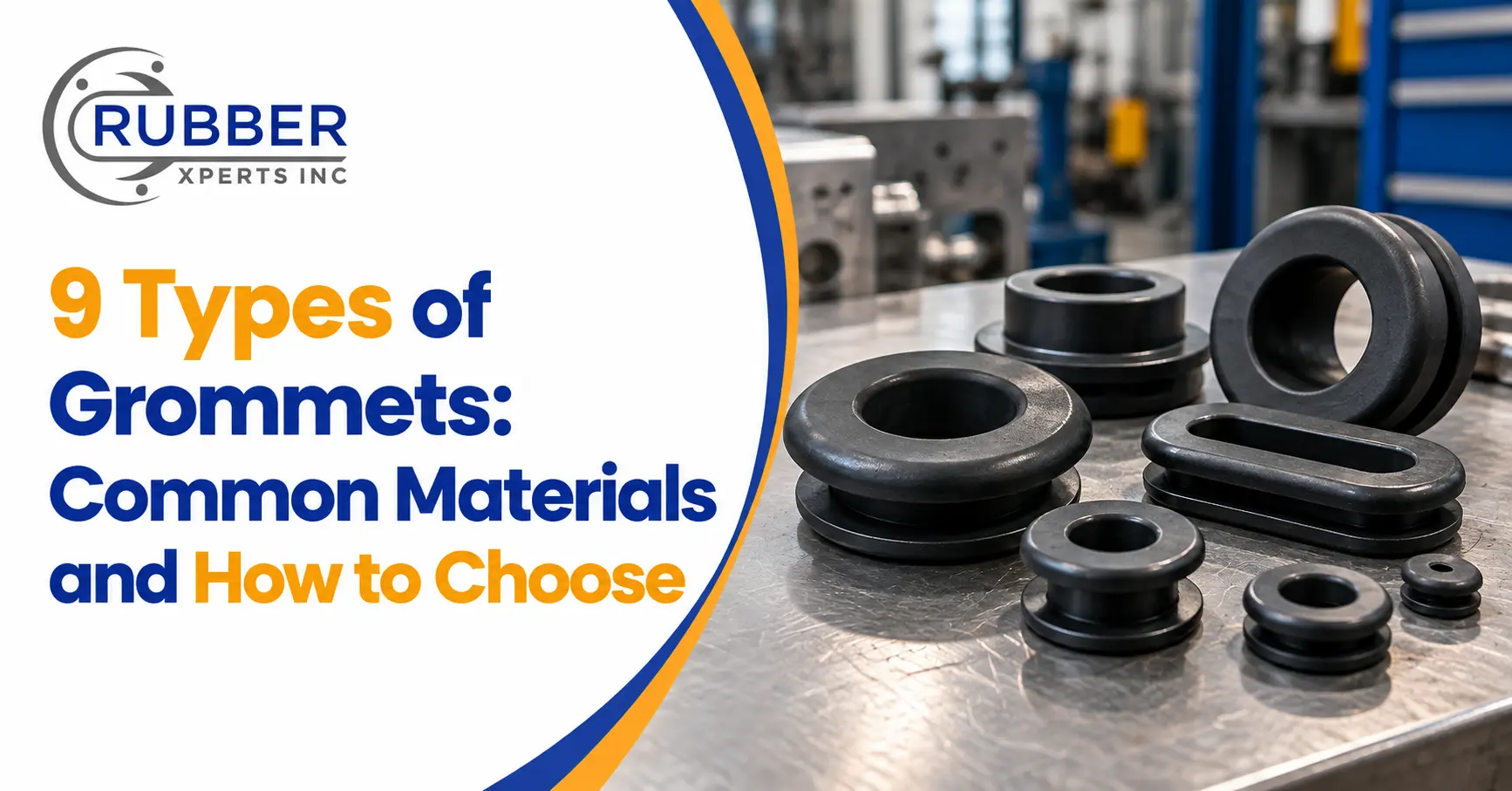 Different types and sizes of rubber grommets on an industrial workbench